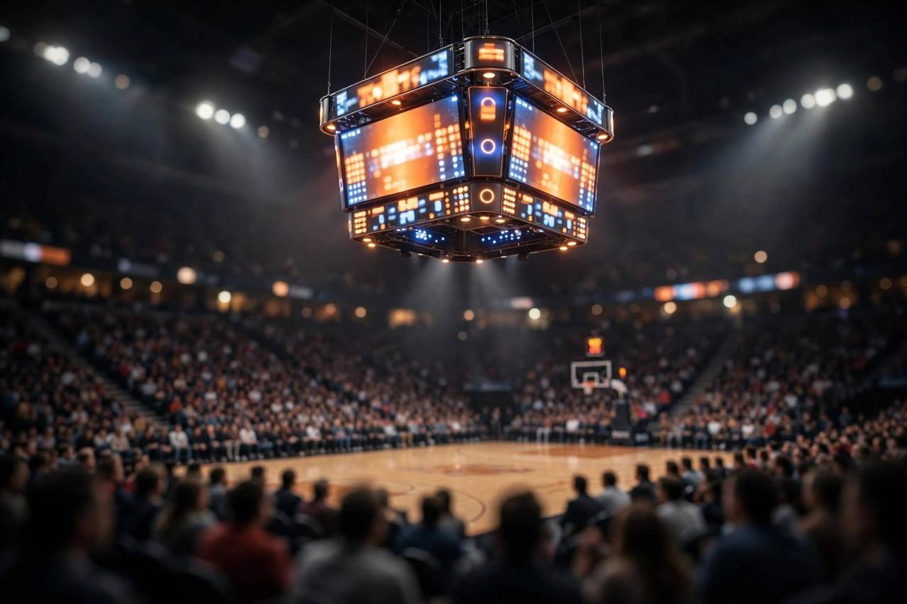 Basketball scoreboard and stat sheet showing points rebounds and assists columns