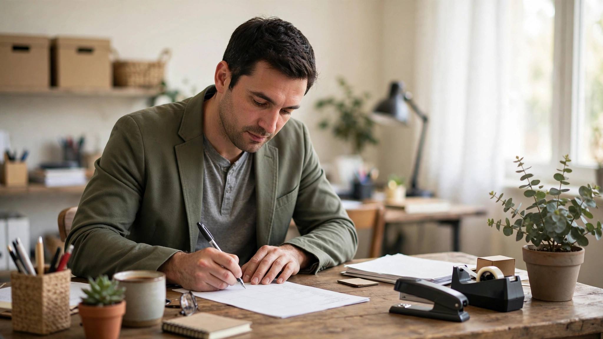 Small business owner in modest professional attire writing a unique selling proposition worksheet at a desk