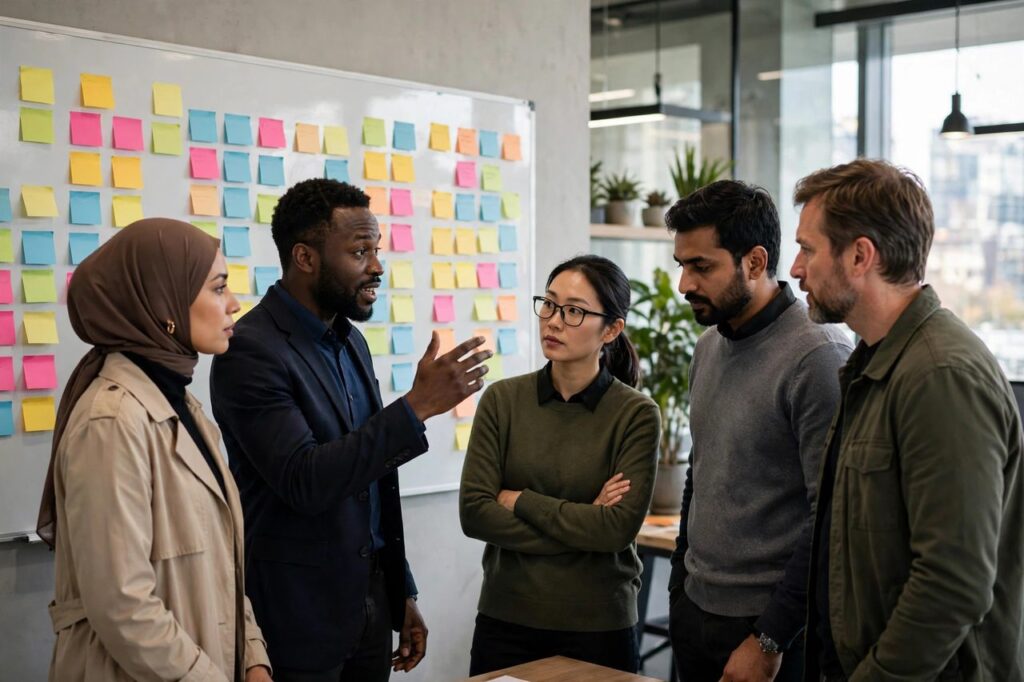 Business team discussing strategy around a whiteboard with sticky notes