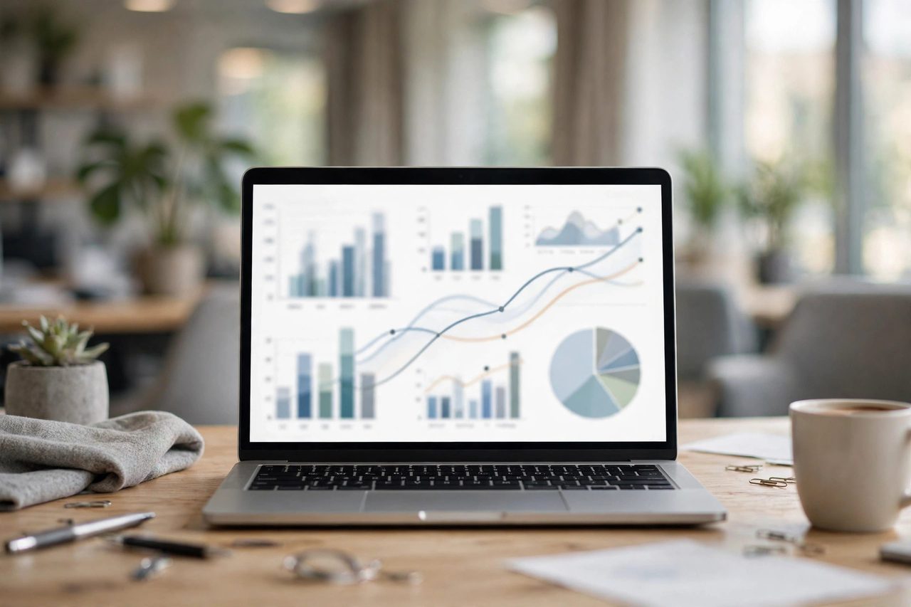 Laptop showing a marketing presentation with charts in a modern office