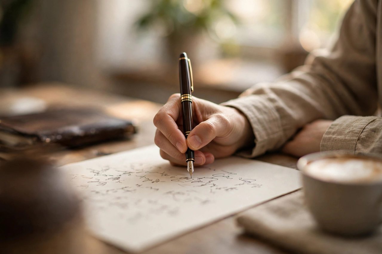 Close-up of hands writing a business value statement on paper with a pen