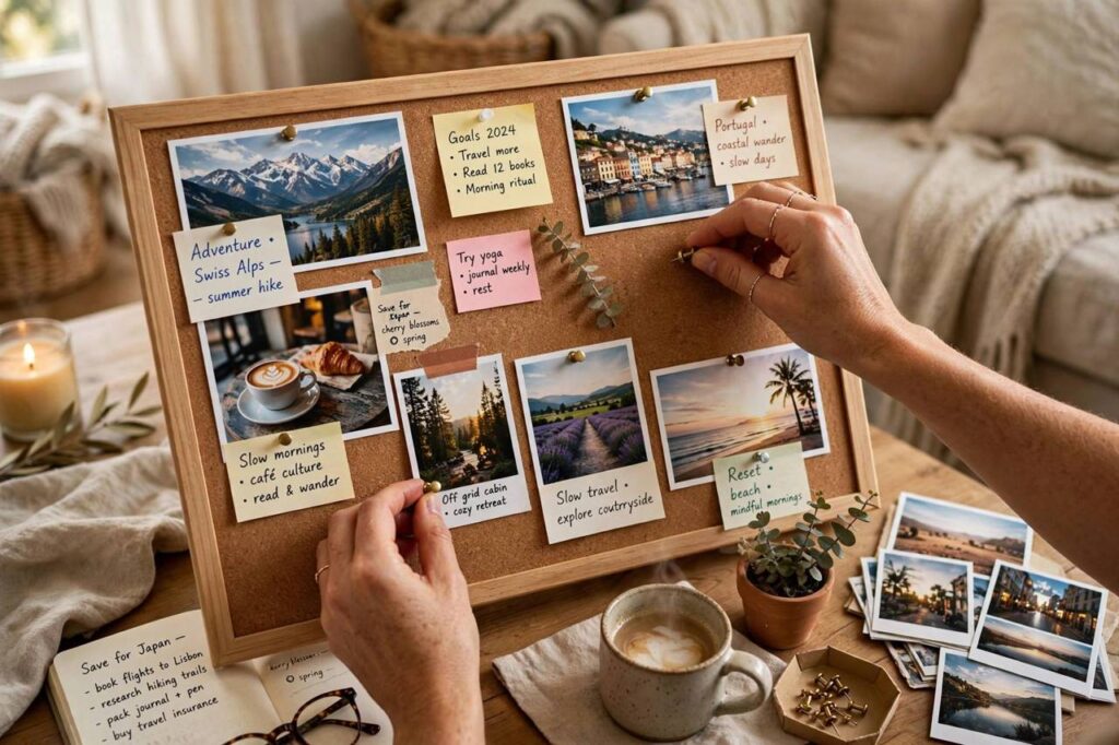 Hands pinning inspiring travel and lifestyle photos onto a corkboard vision board
