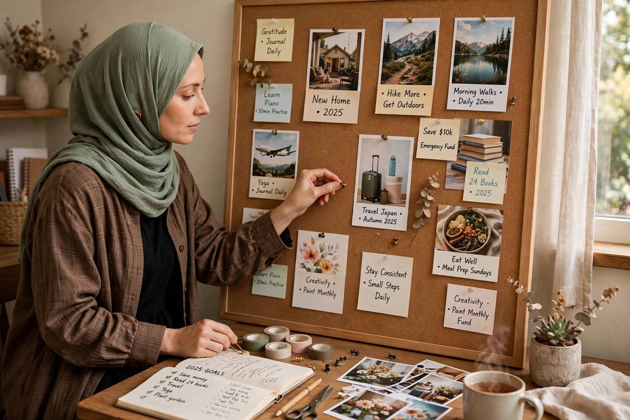 Woman arranging a vision board with photos, inspirational words and goal images pinned on a corkboard