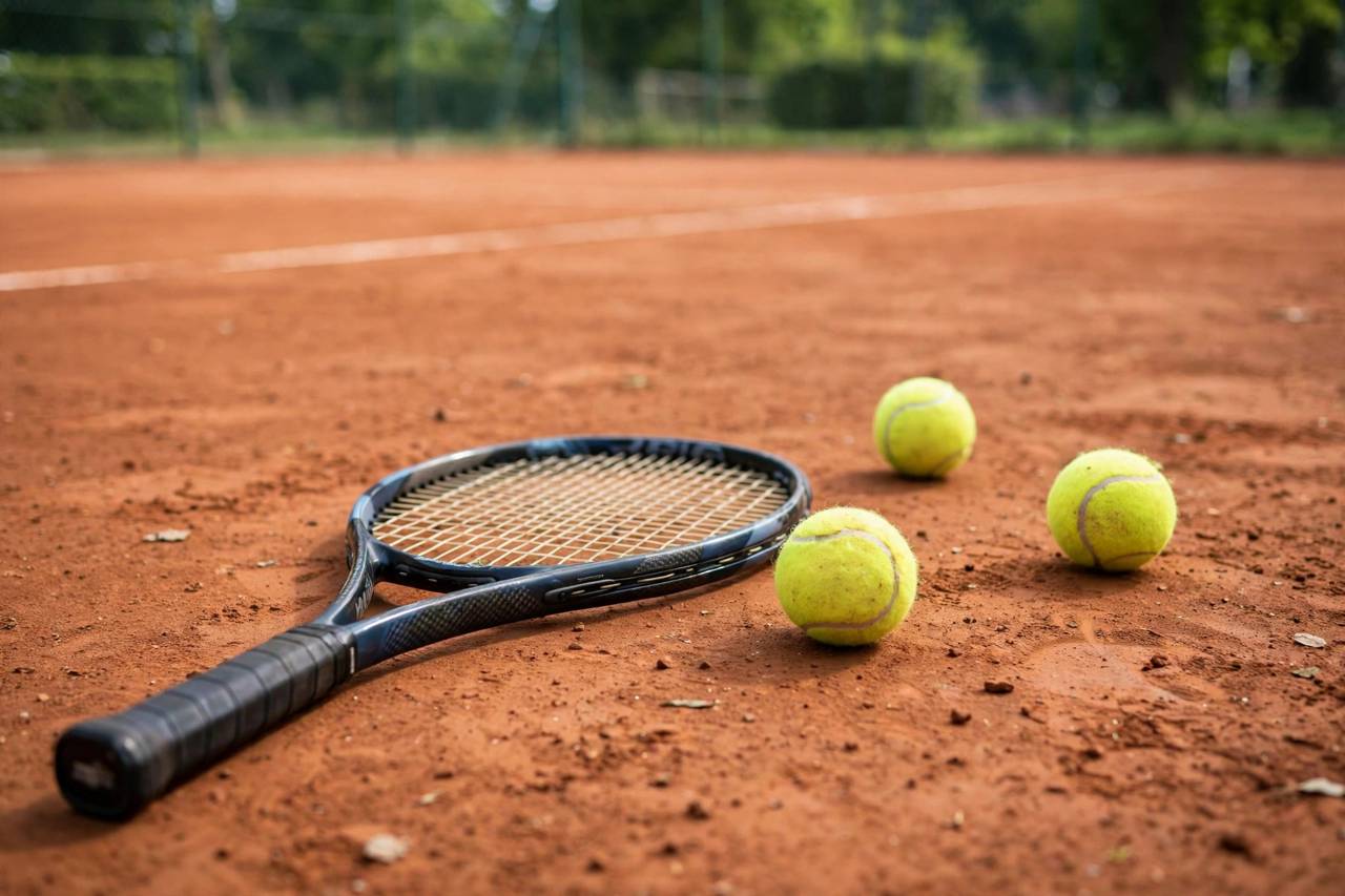 Tennis racket and yellow balls resting on a clay court, no people