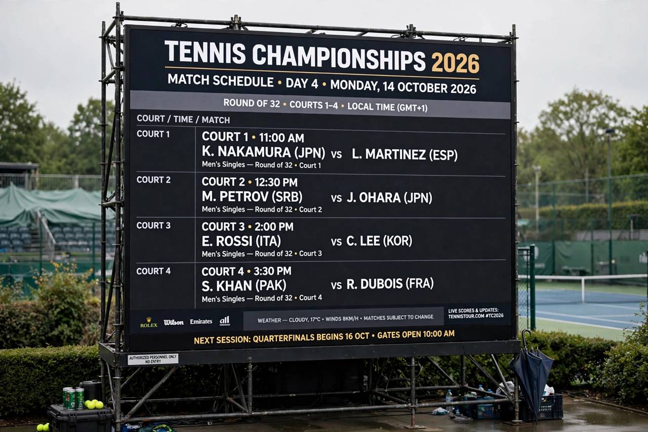 Tennis tournament scoreboard showing match schedule, no people
