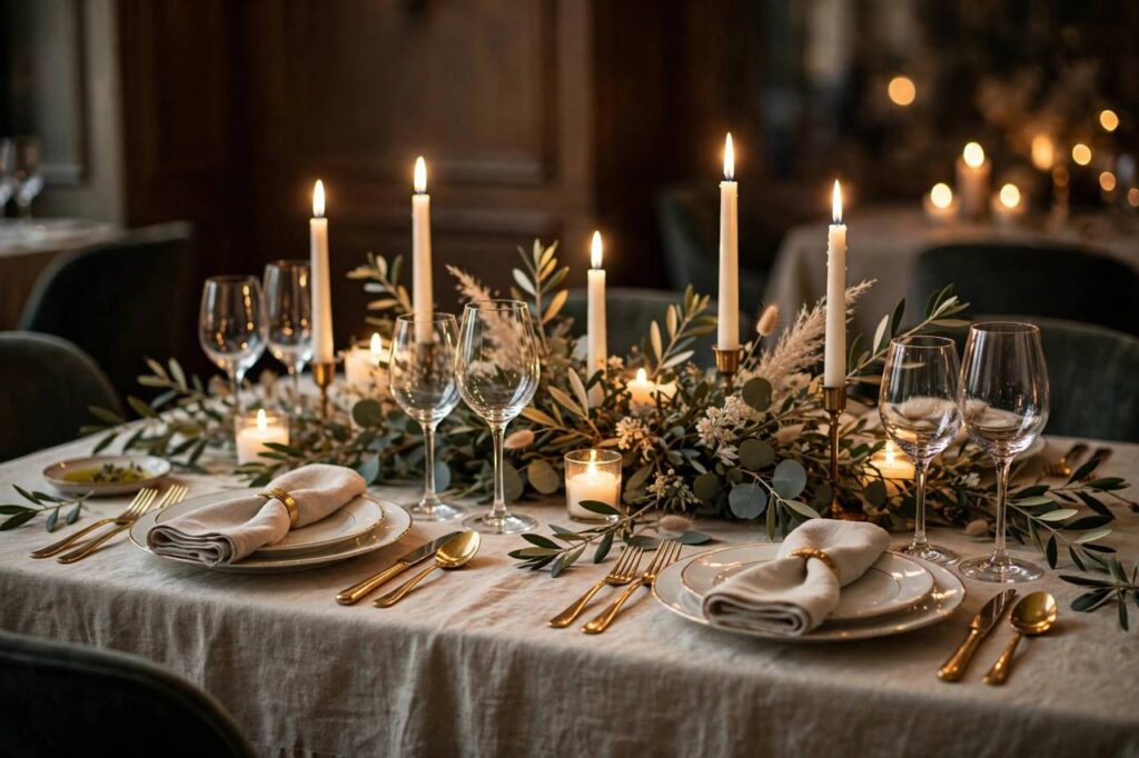 Elegant candlelit dinner table setting