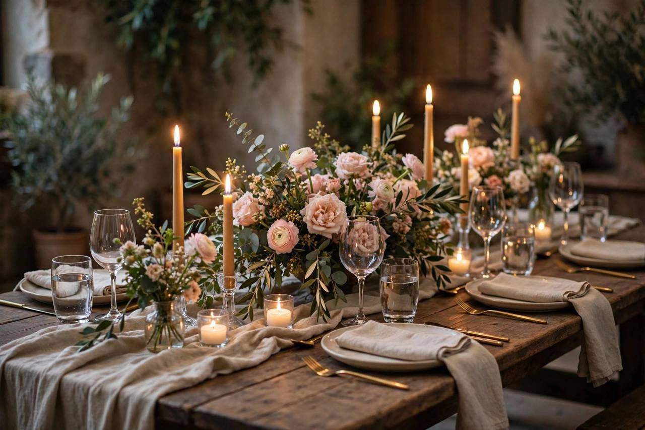 Intimate rehearsal dinner table with candles and flowers