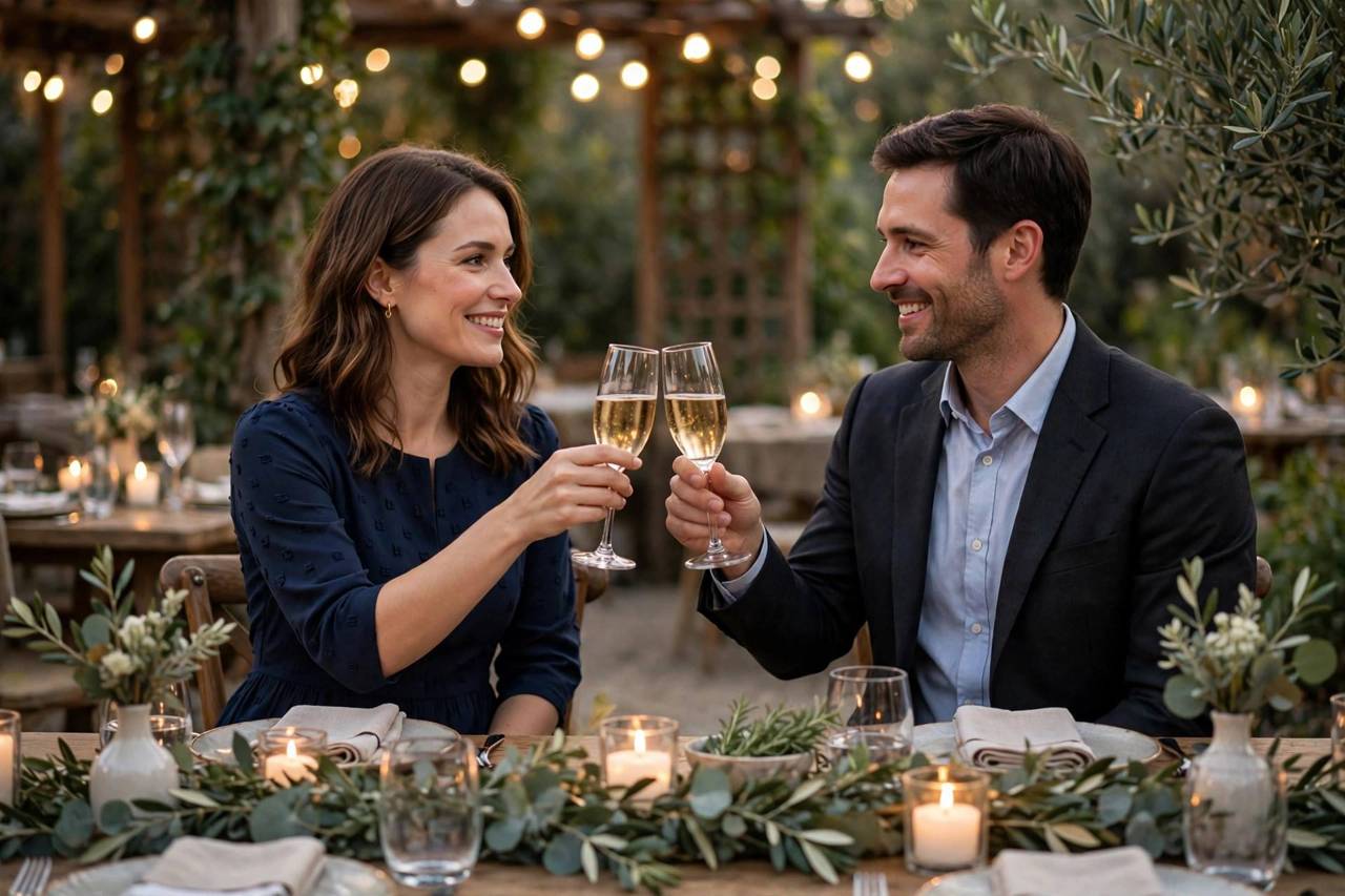 Couple giving a toast at a rehearsal dinner