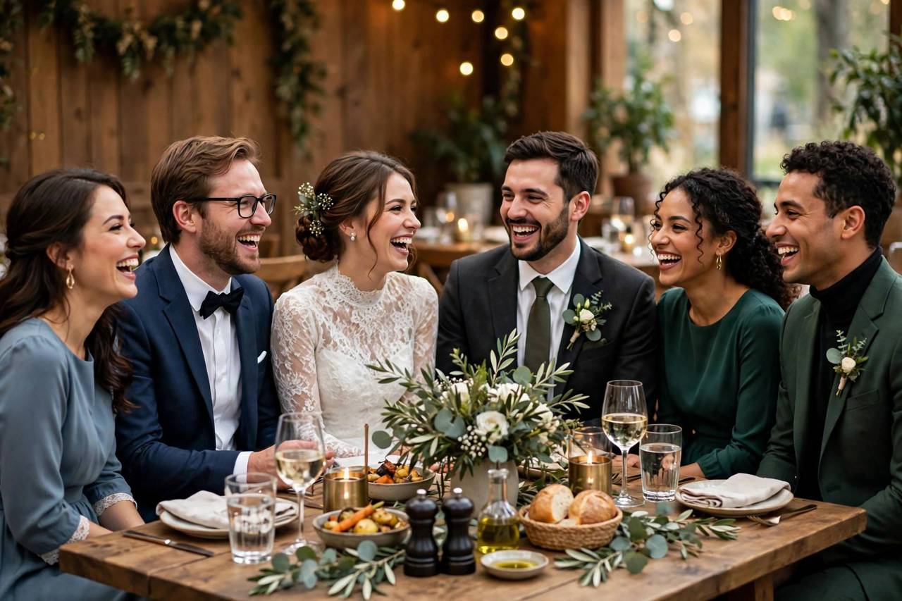 Wedding party laughing together at a dinner table
