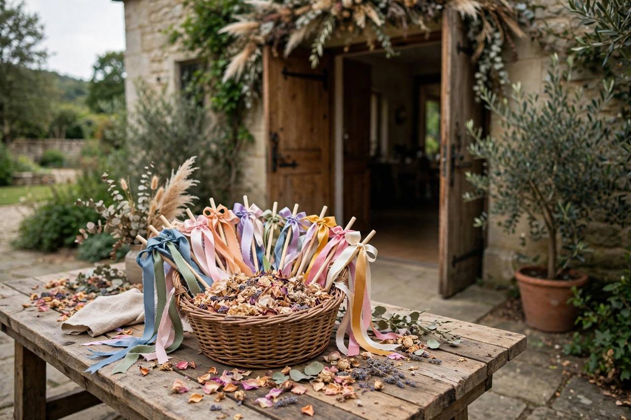 Basket of dried flower petals and ribbon wands prepared for a wedding send-off