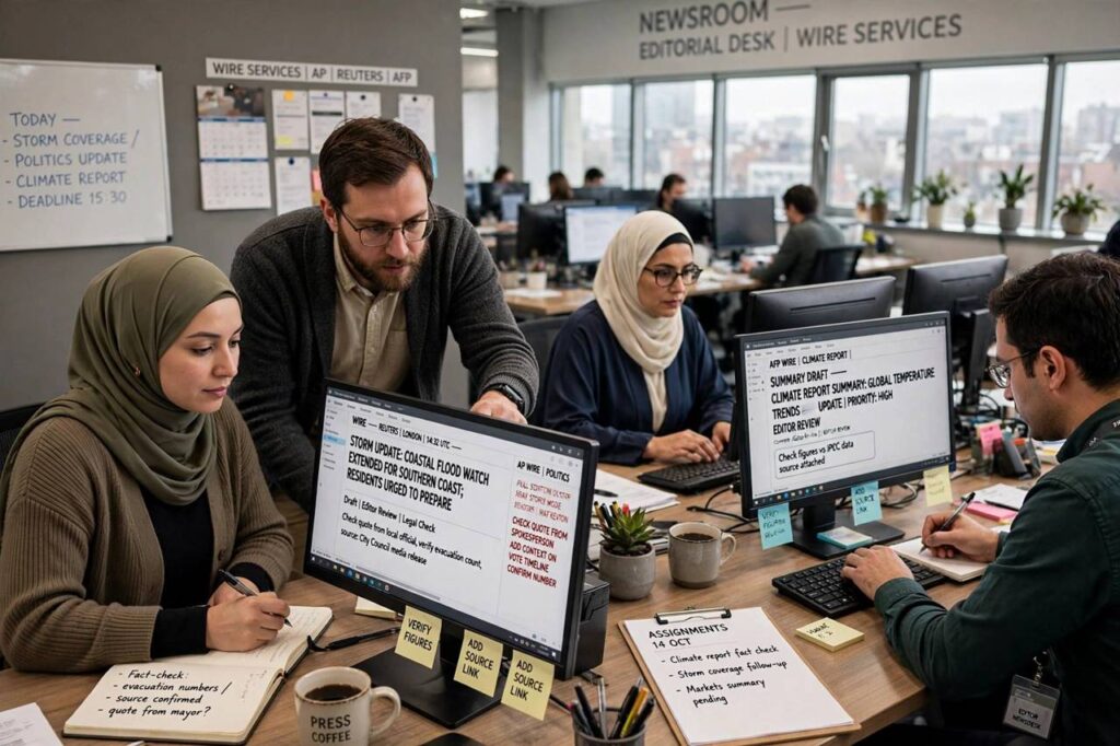 Newsroom editors reviewing wire service copy on computer screens in a busy modern newsroom