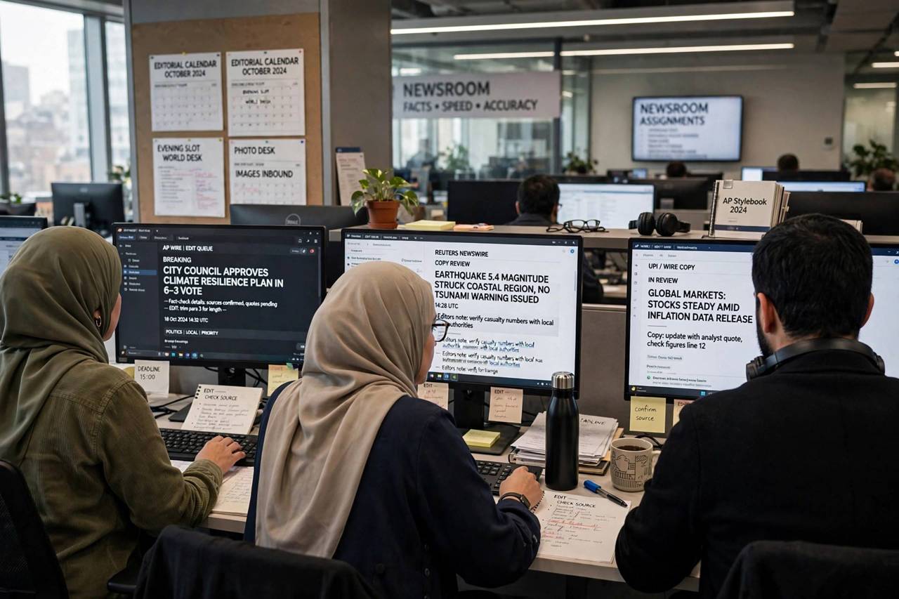 Editors reviewing wire service copy on computer screens in a busy modern newsroom