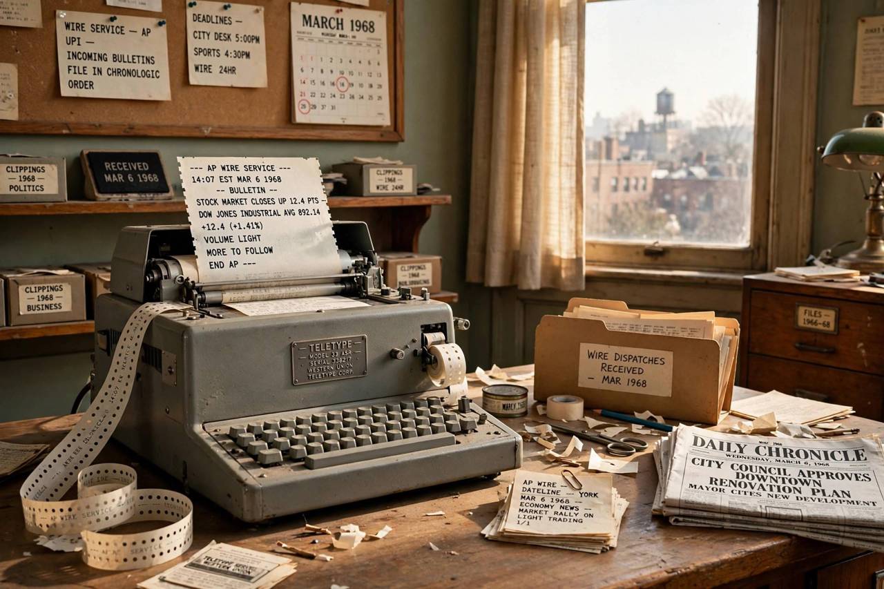 A vintage teletype machine once used to receive wire service dispatches in a newspaper office
