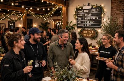 Cast and crew celebrating at a film wrap party in a decorated venue