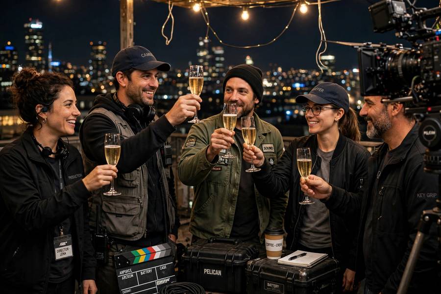 Film crew sharing a champagne toast at a wrap party
