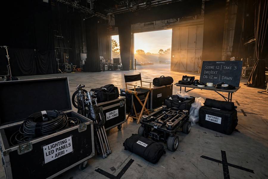 An empty film set at dawn after the final day of shooting