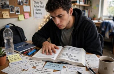 Student practicing active recall by covering answers and retrieving them from memory