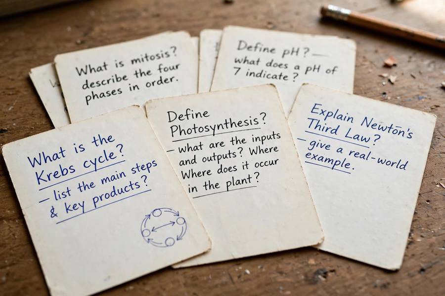 Handwritten flashcards used for active recall study sessions