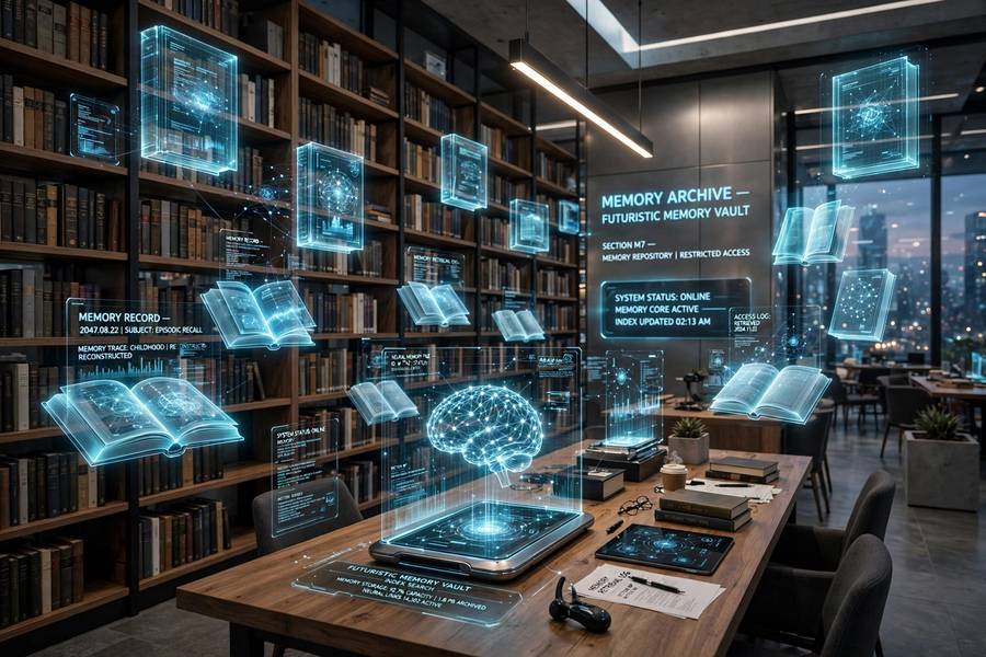 Futuristic library representing AI agent long-term memory