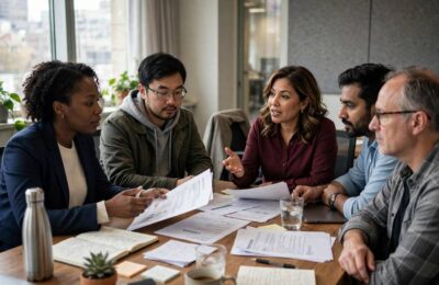 Professionals discussing AI governance policy in a meeting