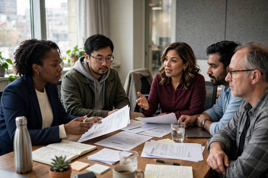 Professionals discussing AI governance policy in a meeting