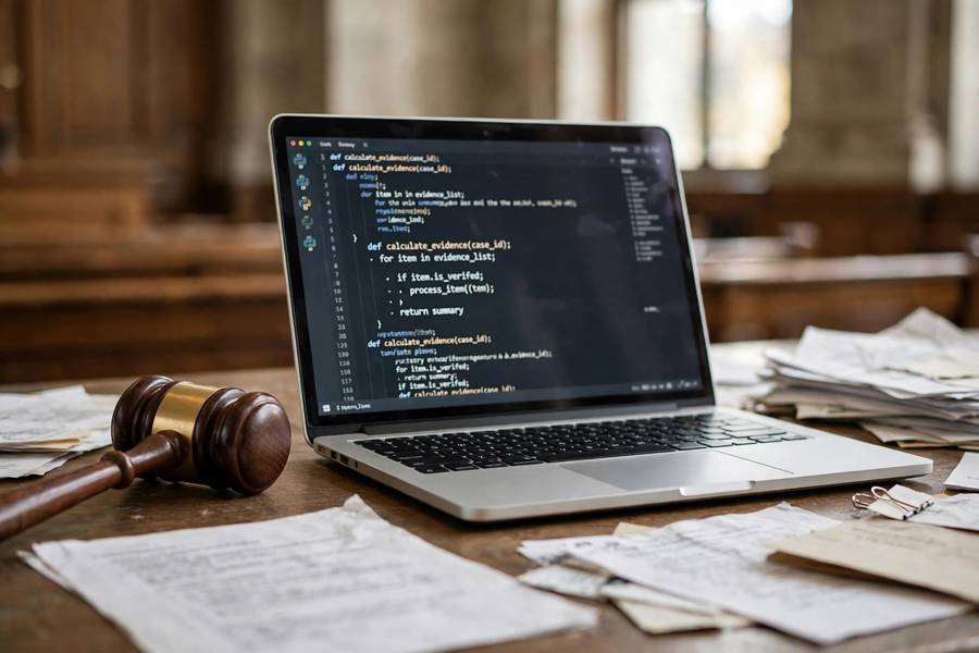 A gavel beside a laptop representing AI regulation and law