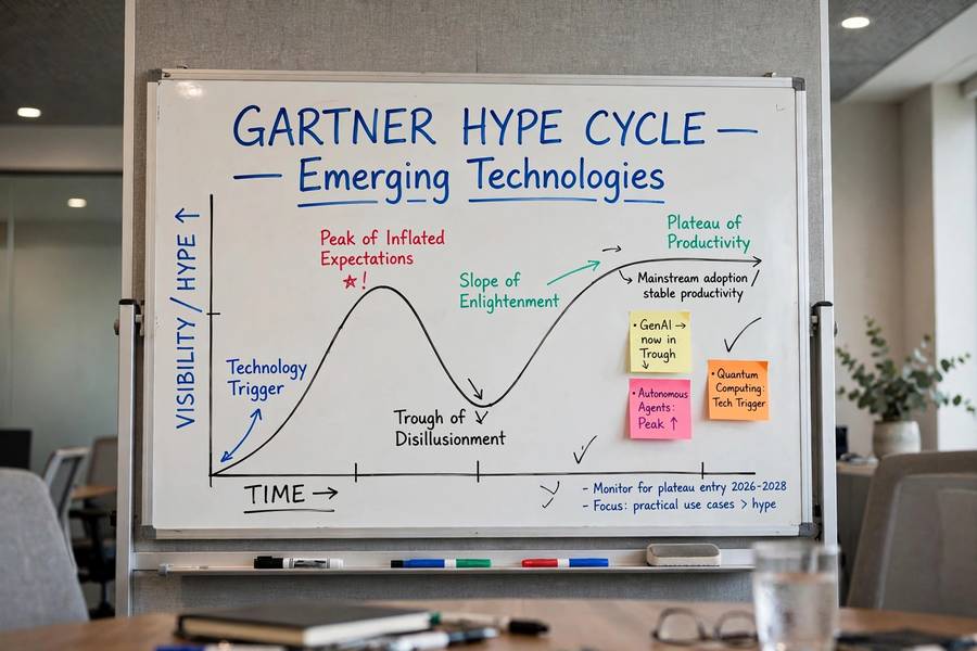The AI hype cycle curve sketched on a whiteboard with its five phases labeled