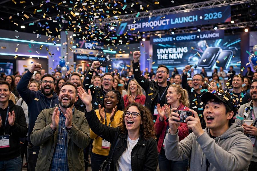 Peak of inflated expectations in the AI hype cycle — a cheering product launch crowd