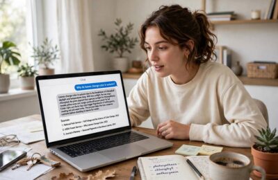A person using AI search with cited sources on a laptop