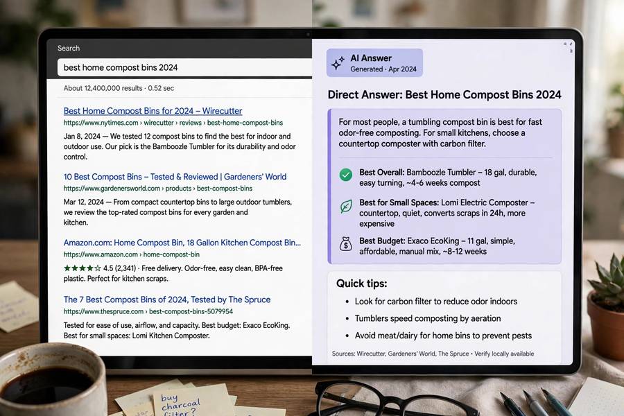Traditional search results compared side by side with an AI search answer