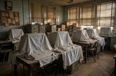 A dusty 1980s computer lab representing the AI winter era