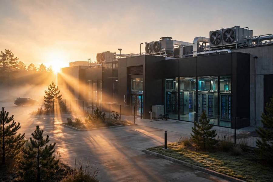 A modern data center at sunrise symbolizing AI's comeback