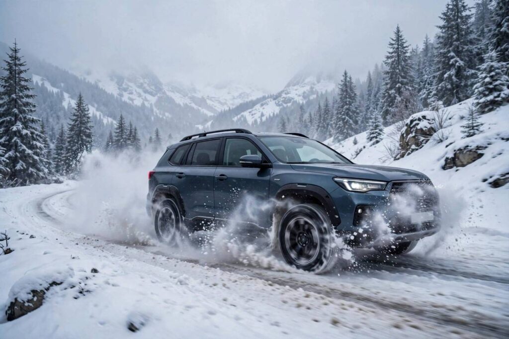 SUV driving on a snowy road demonstrating all wheel drive traction