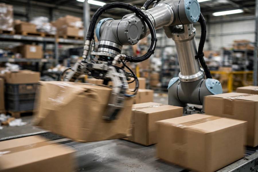 A physical AI agent sorting packages in a warehouse