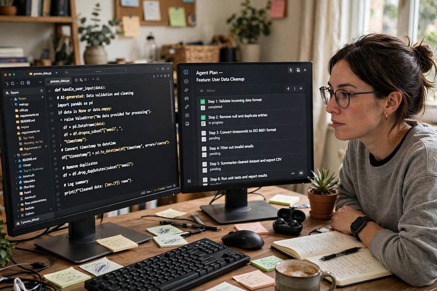 A developer reviewing an AI agent's step-by-step work plan