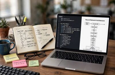 A developer's desk with a neural network diagram on the laptop screen
