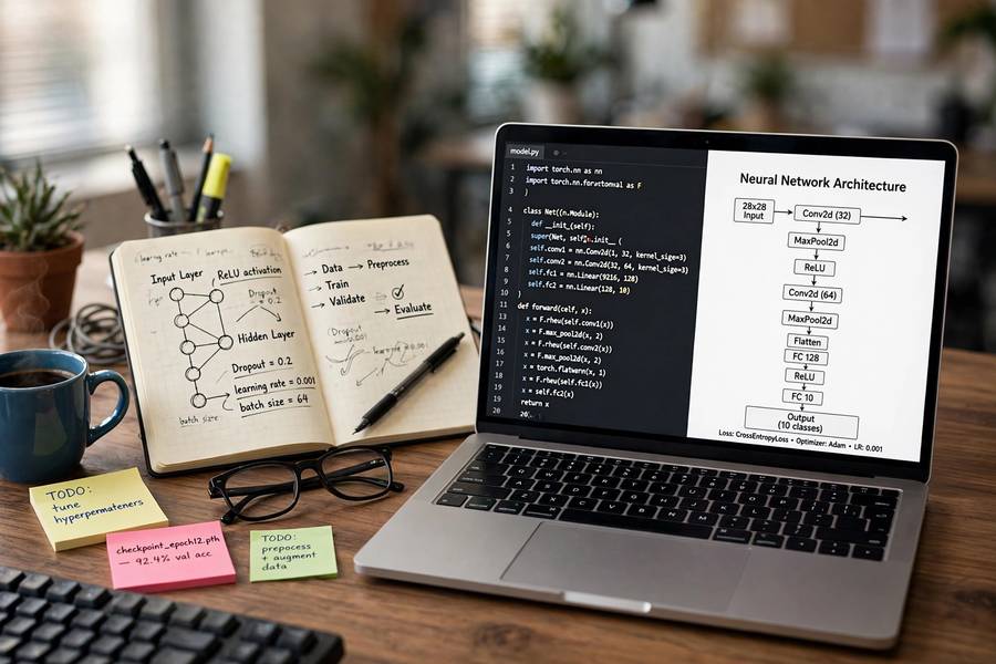 A developer's desk with a neural network diagram on the laptop screen