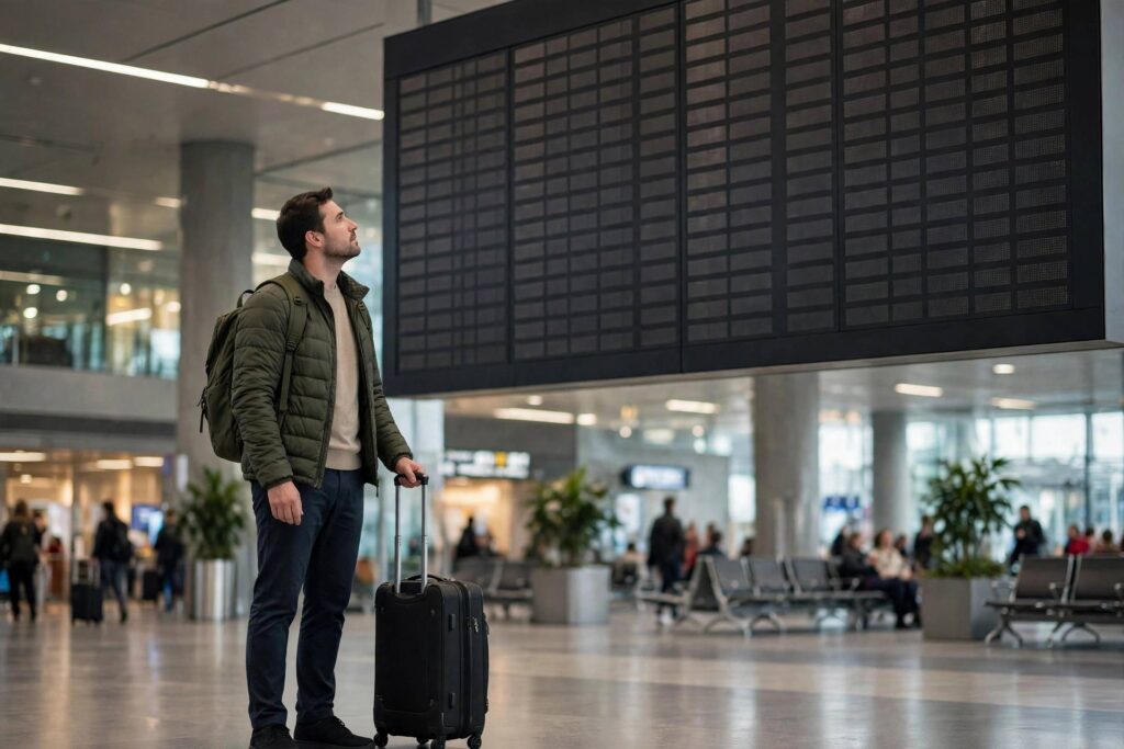 Traveler with suitcase looking at departure board in airport