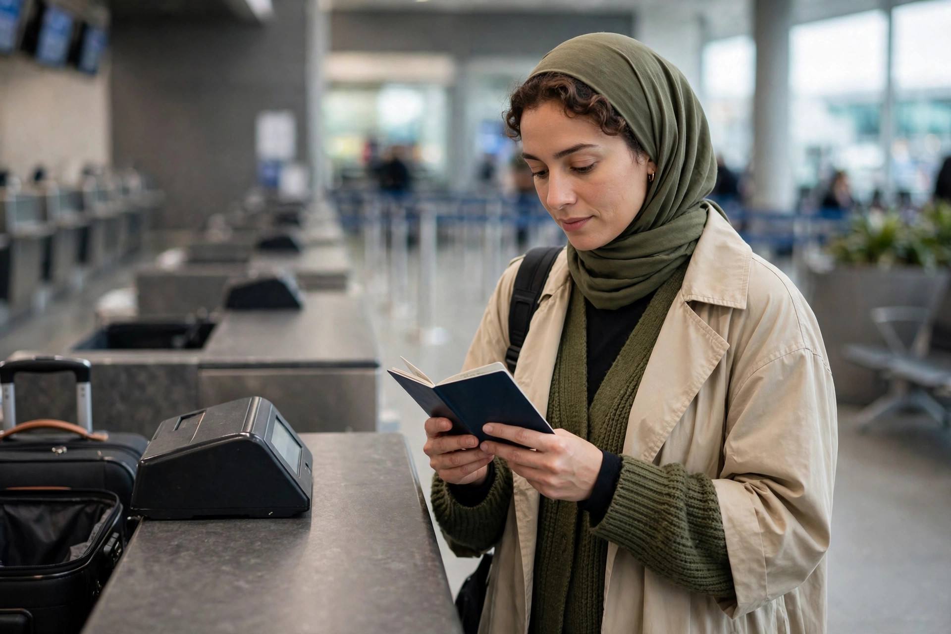 Traveler holding passport at an airport check-in counter