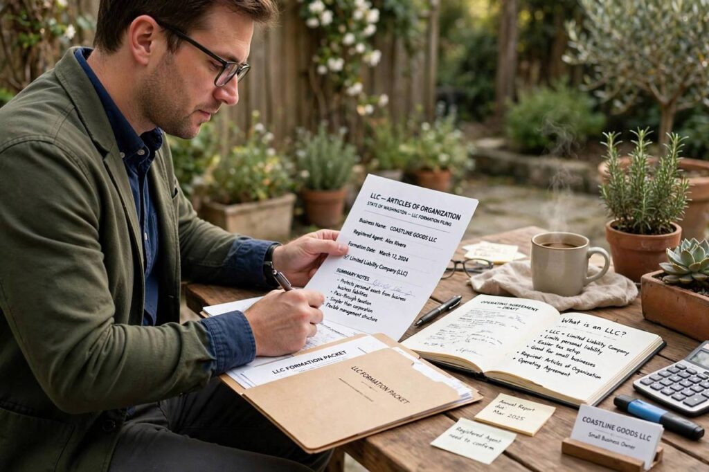 Small business owner reviewing LLC formation paperwork at a desk