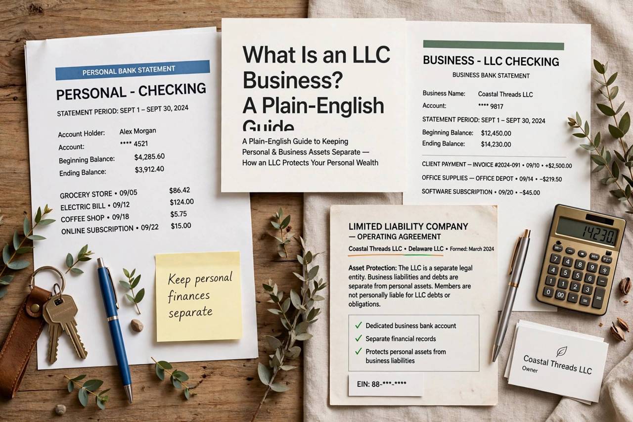 Separated personal and business bank documents illustrating LLC asset protection