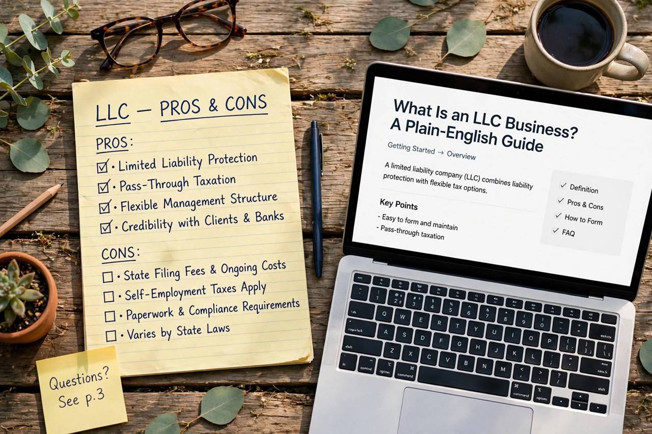Checklist of LLC pros and cons on a notepad beside a laptop