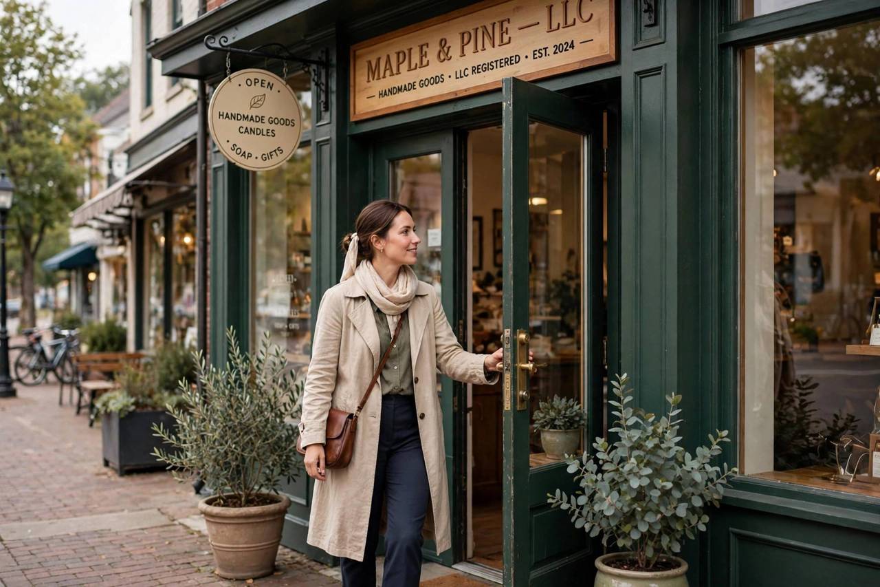 Small business owner confidently opening a new storefront under an LLC