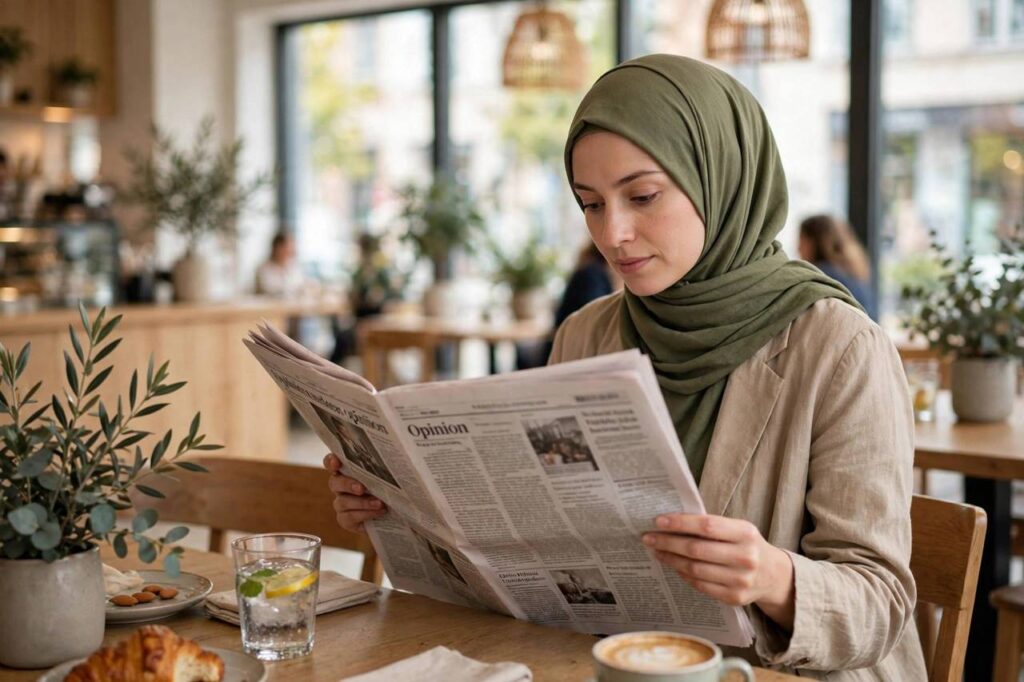Reader browsing the opinion section of a printed newspaper