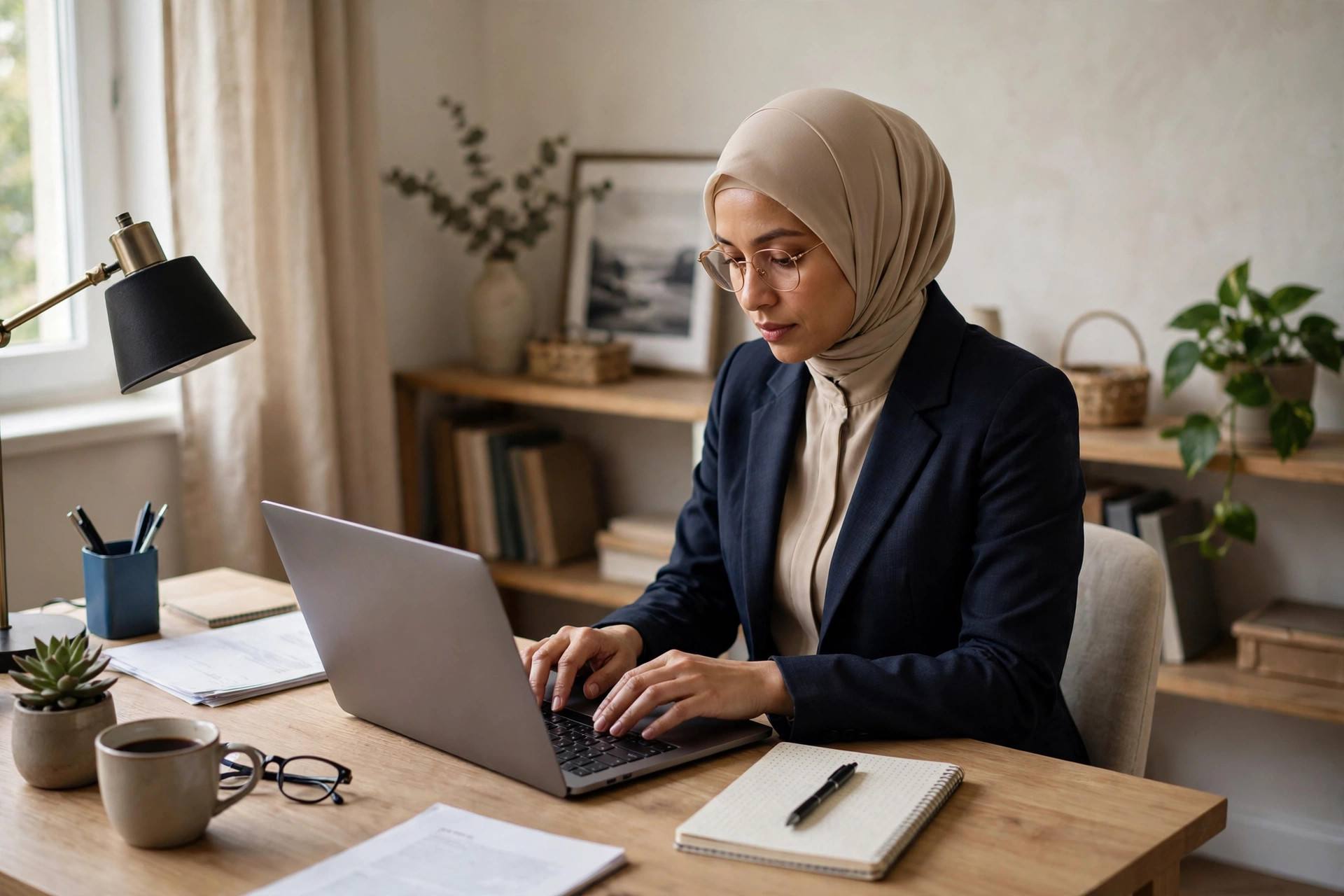 Person in modest business attire typing an opinion article on a laptop at a desk