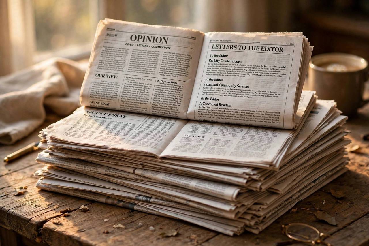Stack of printed newspapers with opinion pages visible on a wooden table