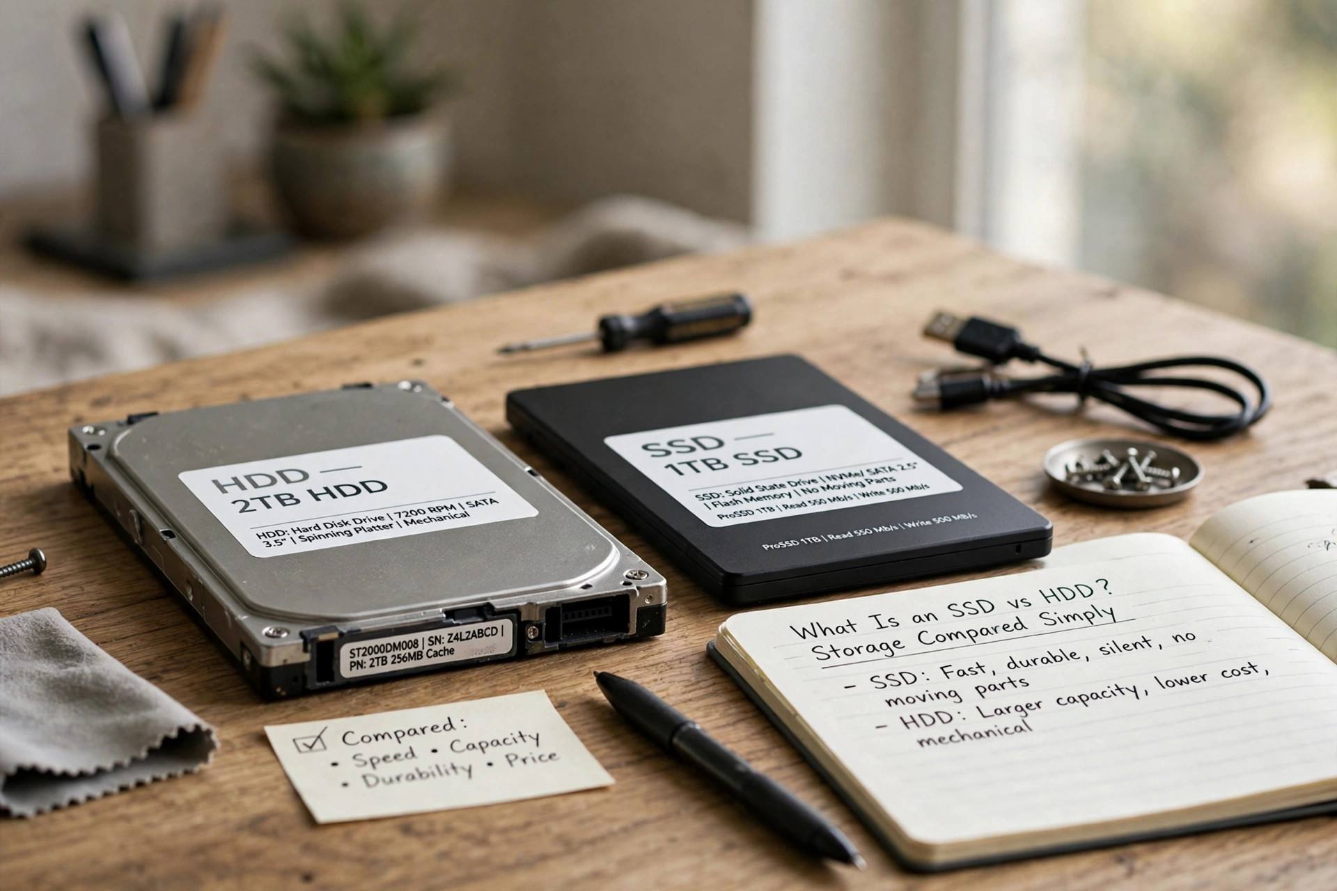 SSD and HDD drives side by side on a desk for comparison