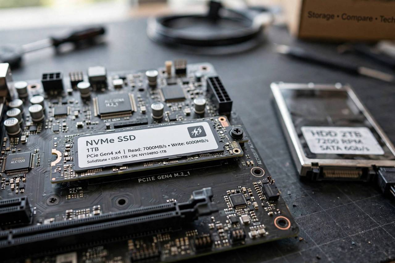 Close-up of an NVMe SSD installed on a computer motherboard