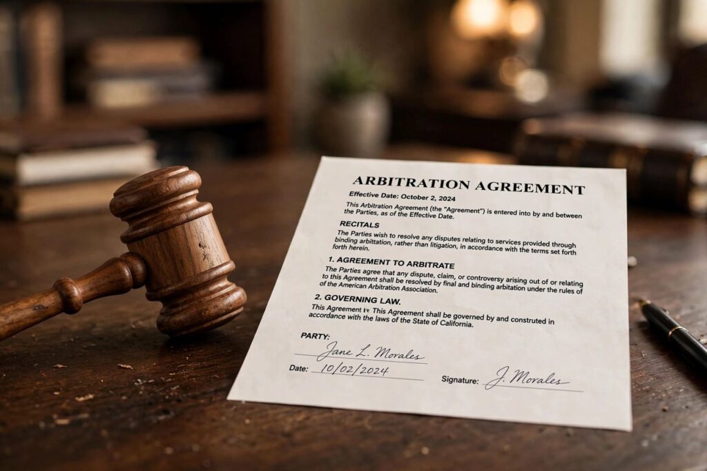 Gavel resting beside signed arbitration agreement on a wooden desk
