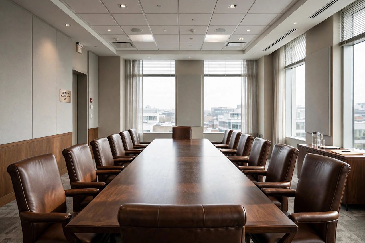 Empty arbitration hearing room with long conference table and chairs